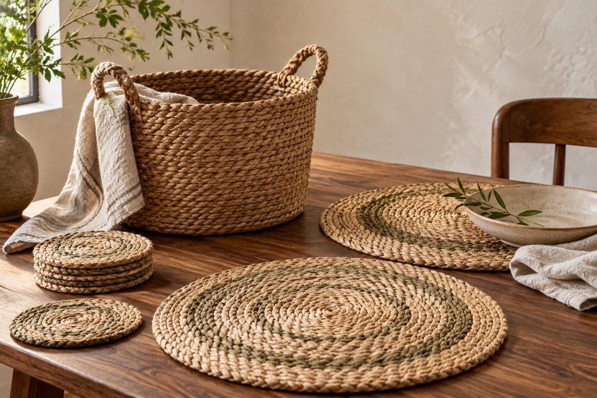 Illustrative imagery: Natural basket and woven table mats
