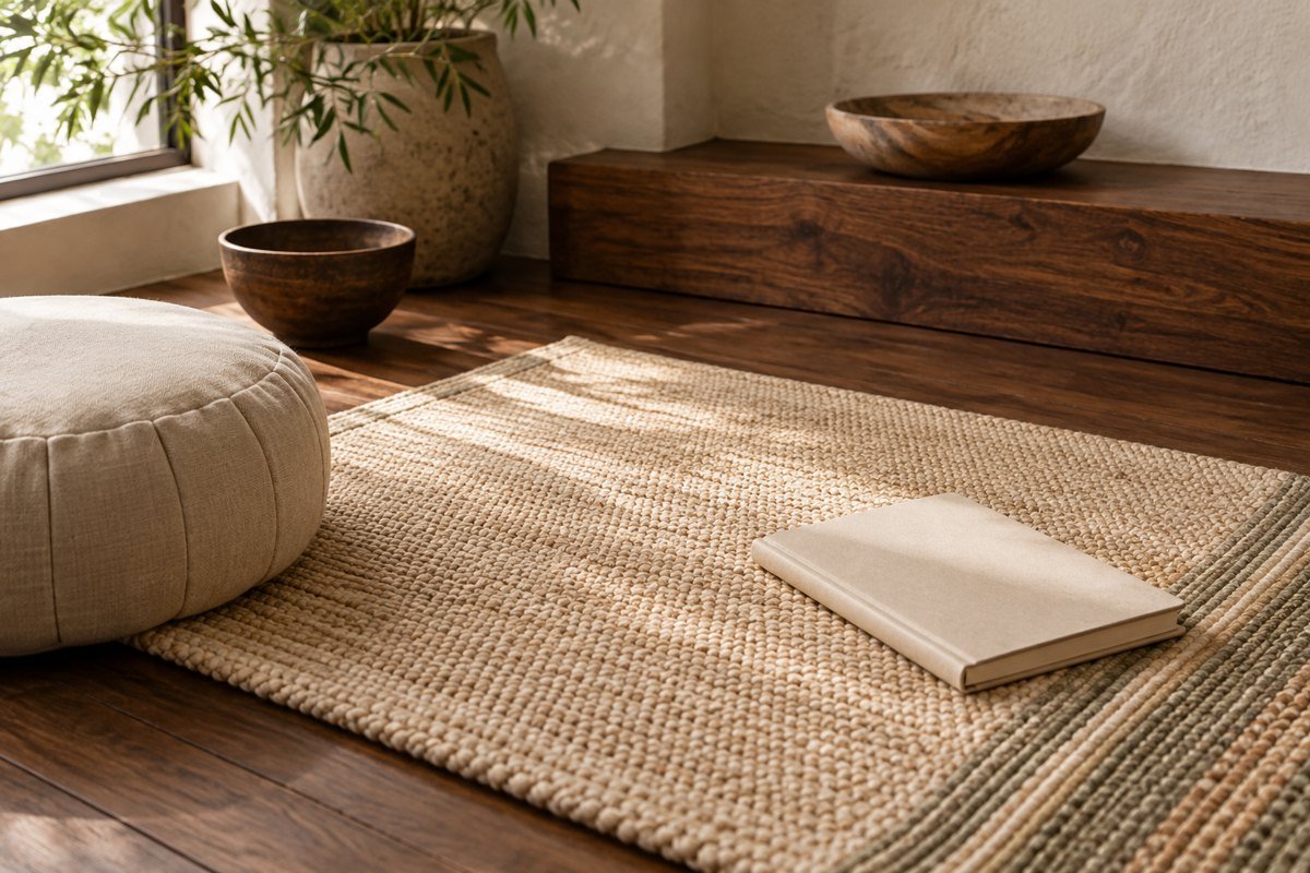 Illustrative imagery: Quiet space with a natural mat and notebook
