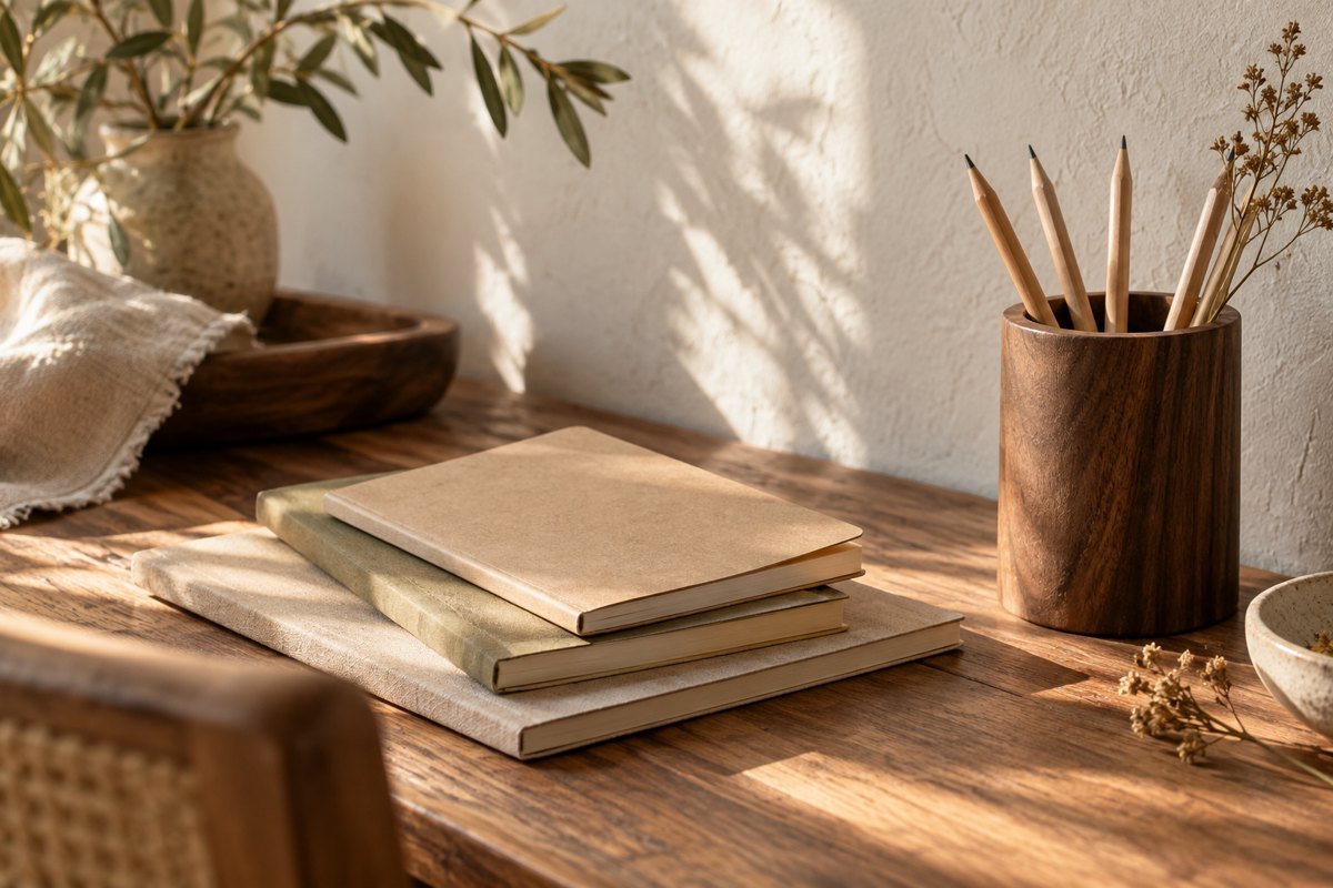 Illustrative imagery: Paper stationery and natural desk accessories