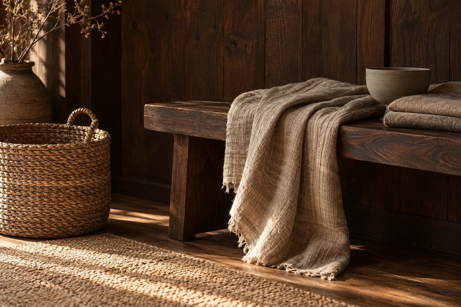 Illustrative imagery: Natural fibre basket and textured textiles in a sunlit room